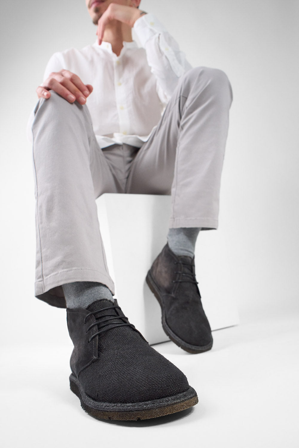 BYRON shadow-grey suede & canvas lightweight chukka boots.