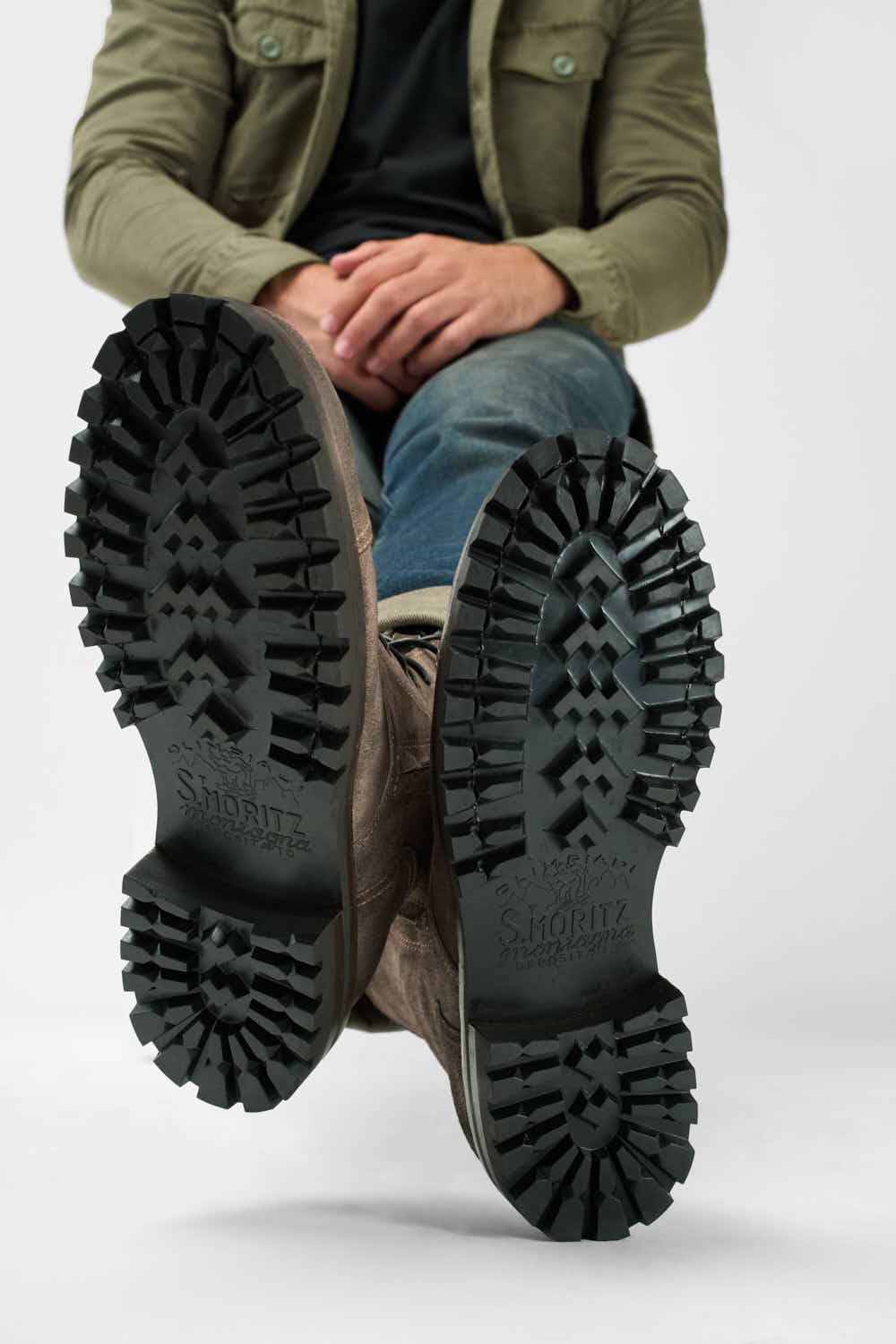 CAMDEN moss-brown suede double-zip military boots.