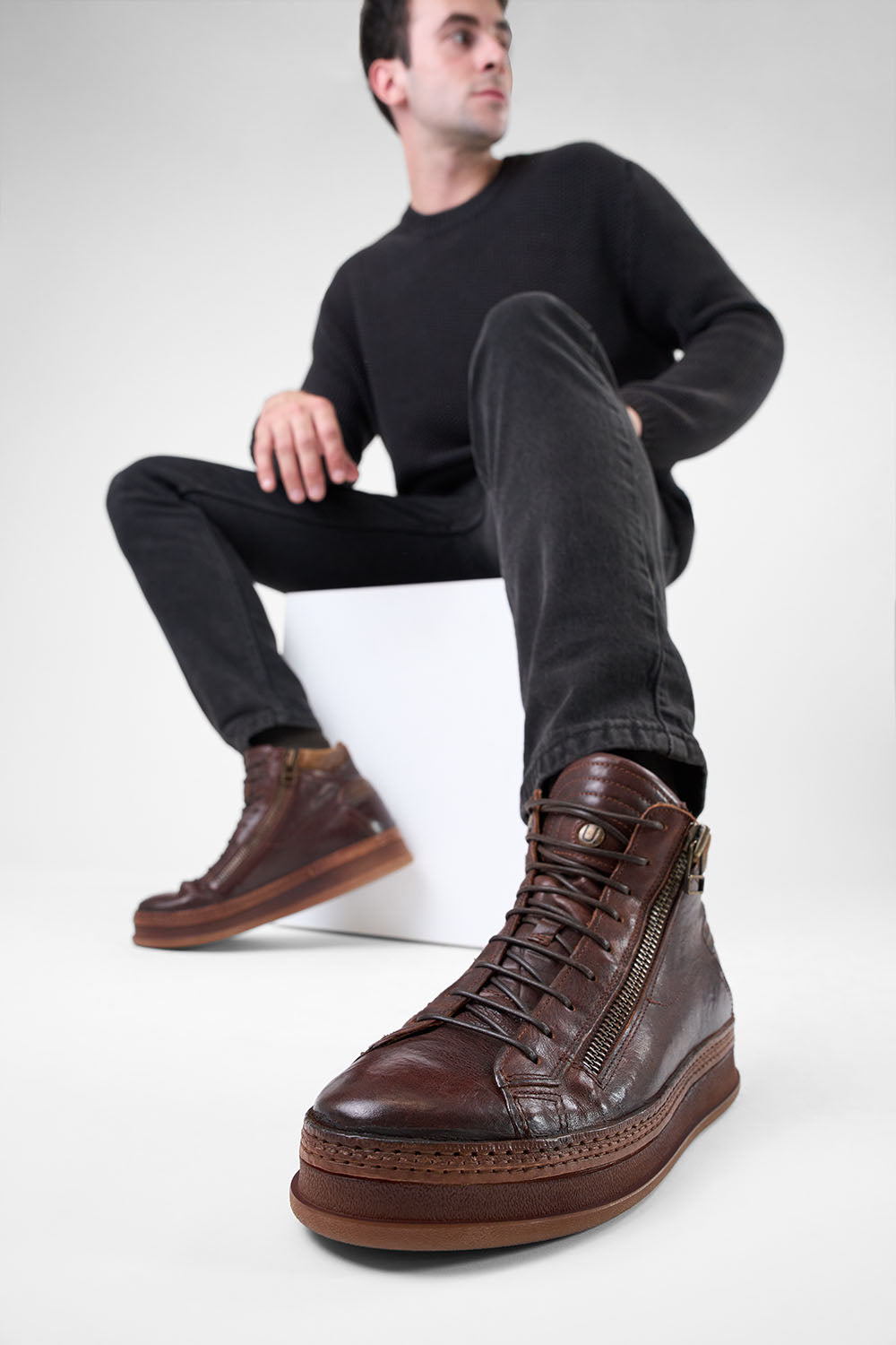COLE cognac welted double-zip high sneakers.