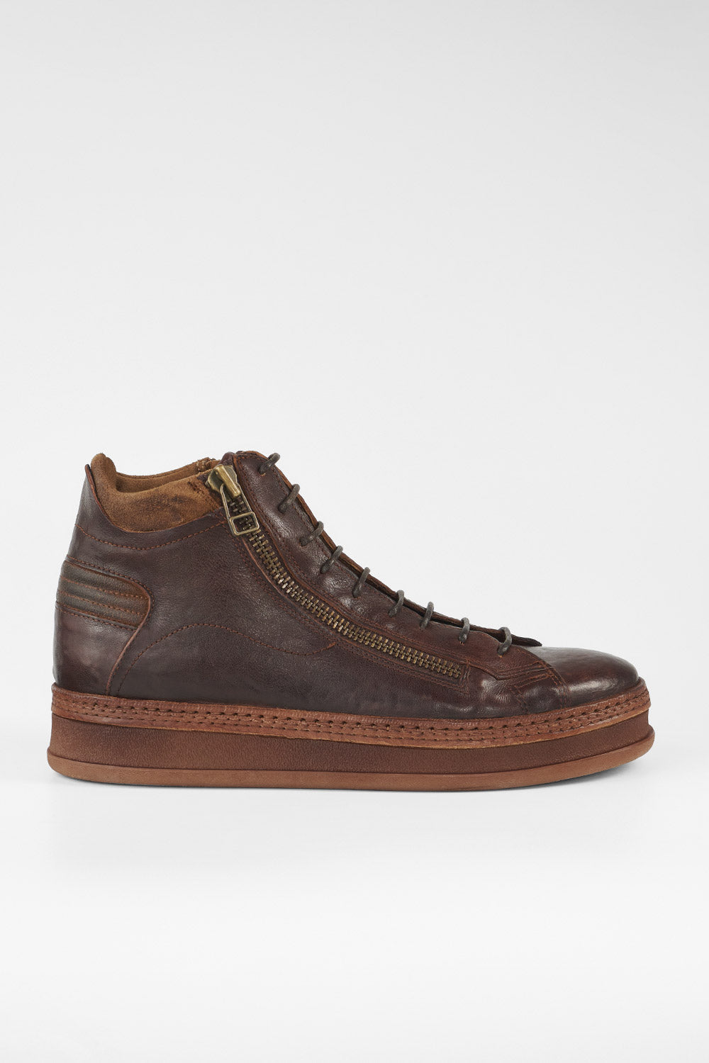 COLE cognac welted double-zip high sneakers.