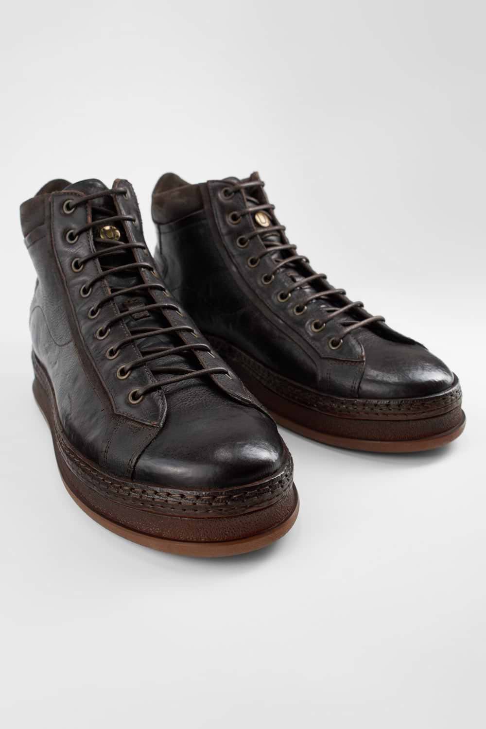 COLE dark-cocoa welted distressed high sneakers.