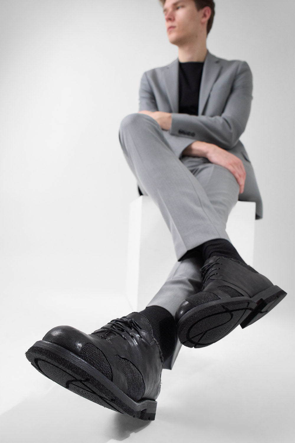 HARVEY rugged-black leather & canvas oxford shoes.