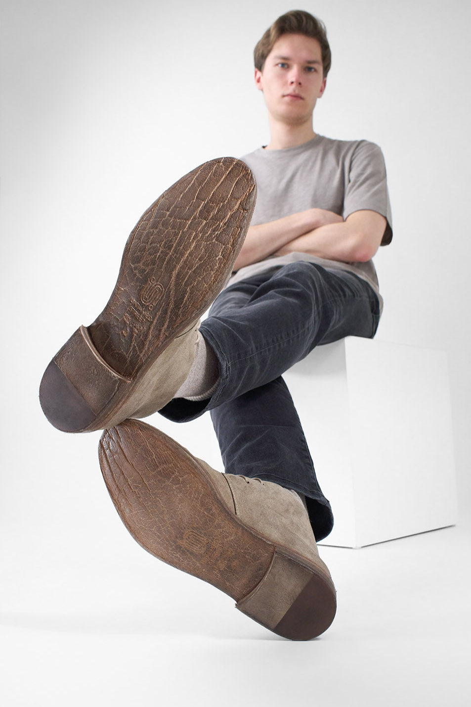 HAVEN linen-grey suede chukka boots.