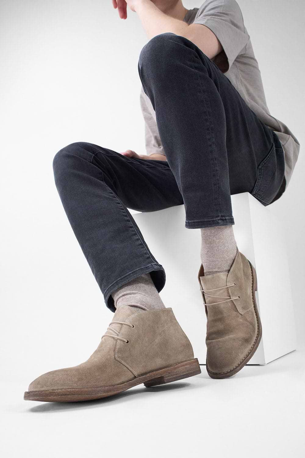 HAVEN linen-grey suede chukka boots.