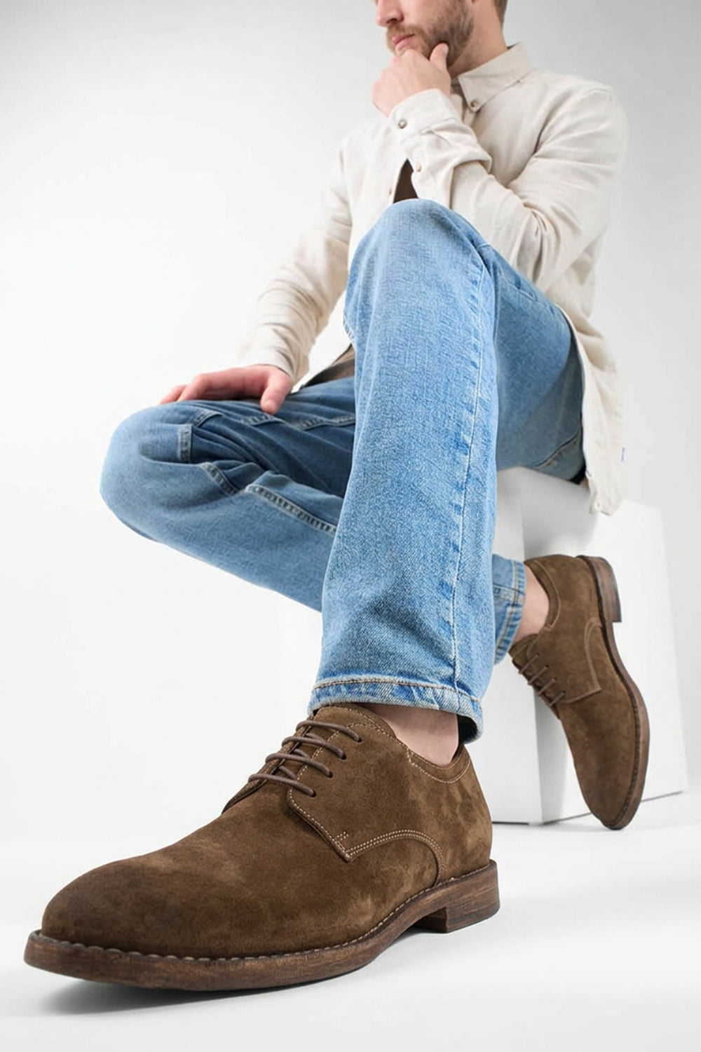 HAVEN barley-brown suede derby shoes.