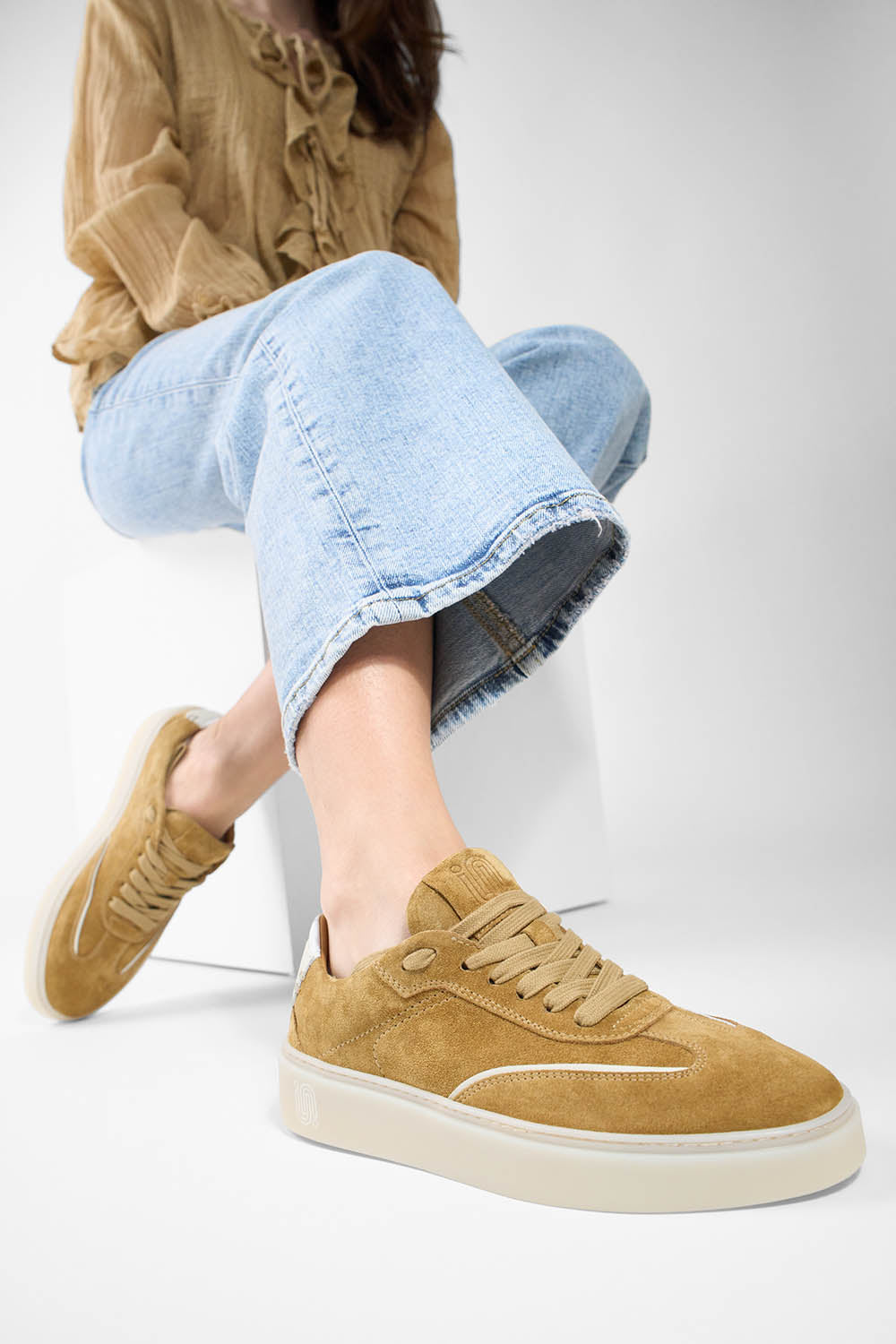 MAEVE cool-mustard suede wingtip sneakers.