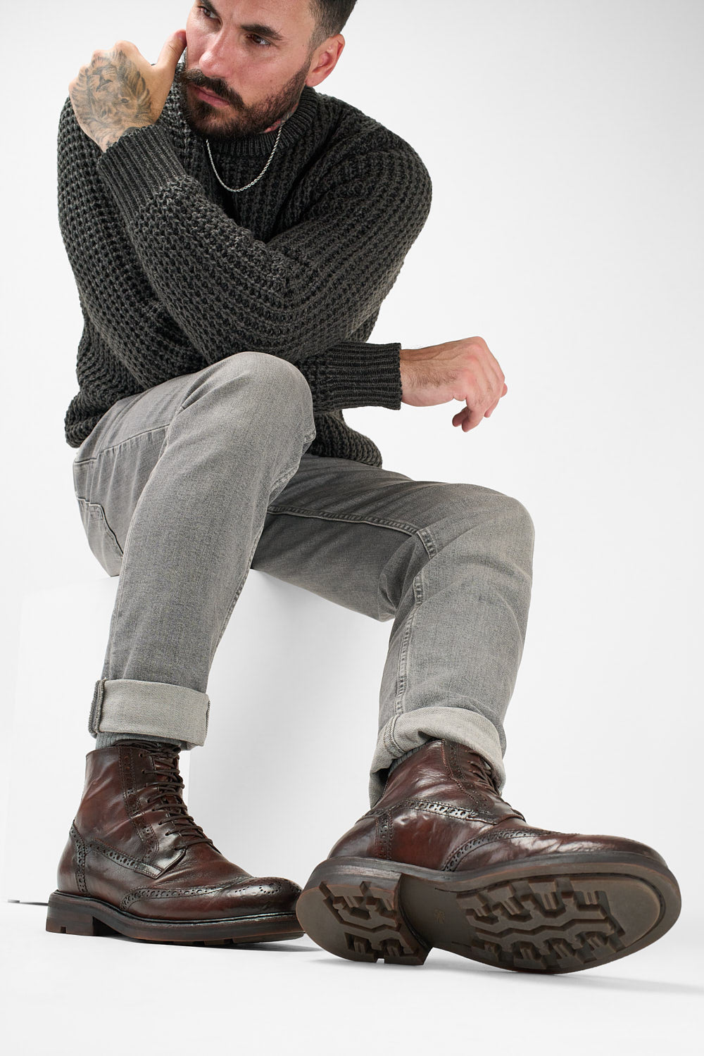 LENNOX dark-cocoa brogue lace up boots.