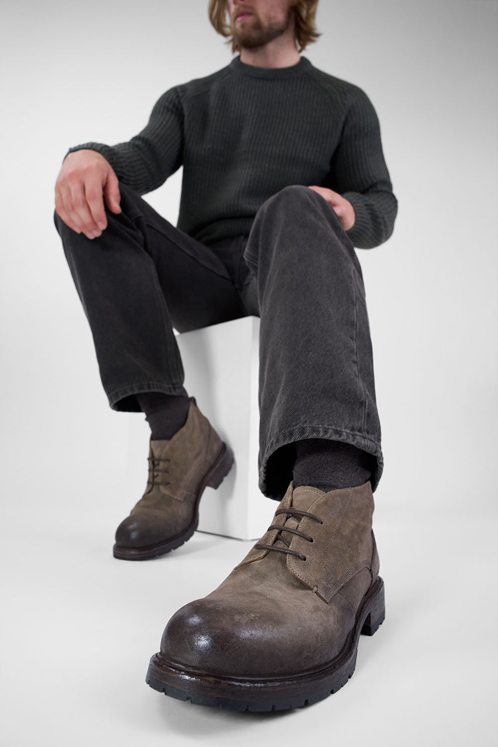 ROWLEY ash-brown folded suede chukka boots.
