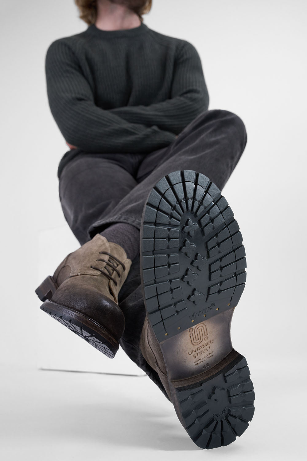 ROWLEY ash-brown folded suede chukka boots.