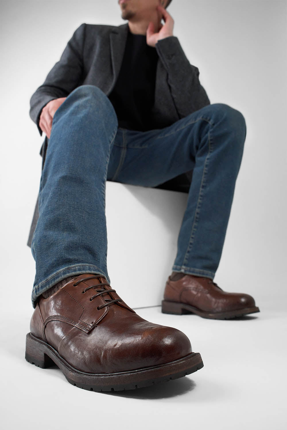 ROWLEY cognac folded derby shoes.