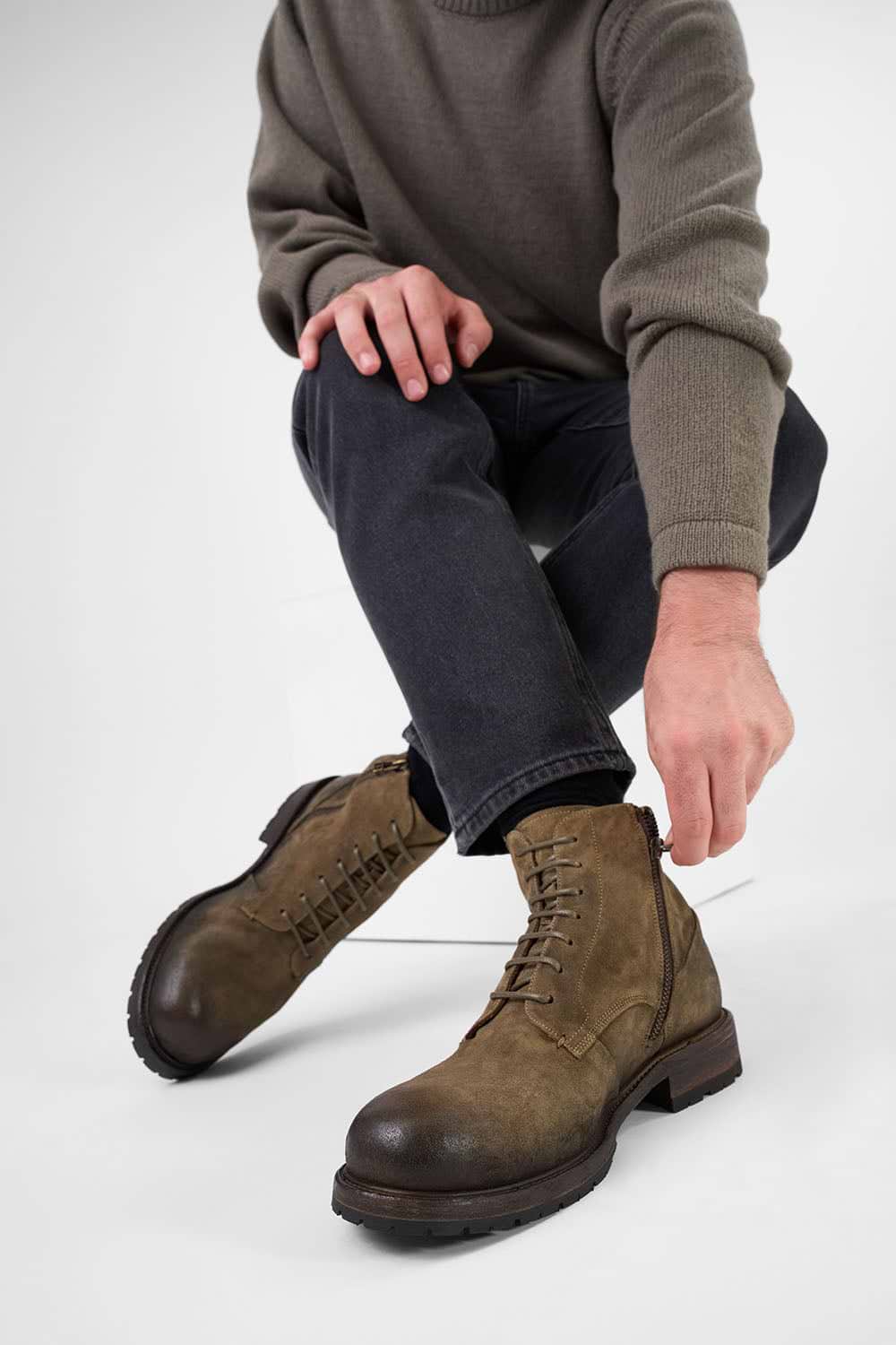 ROWLEY dry-moss folded suede lace up boots.