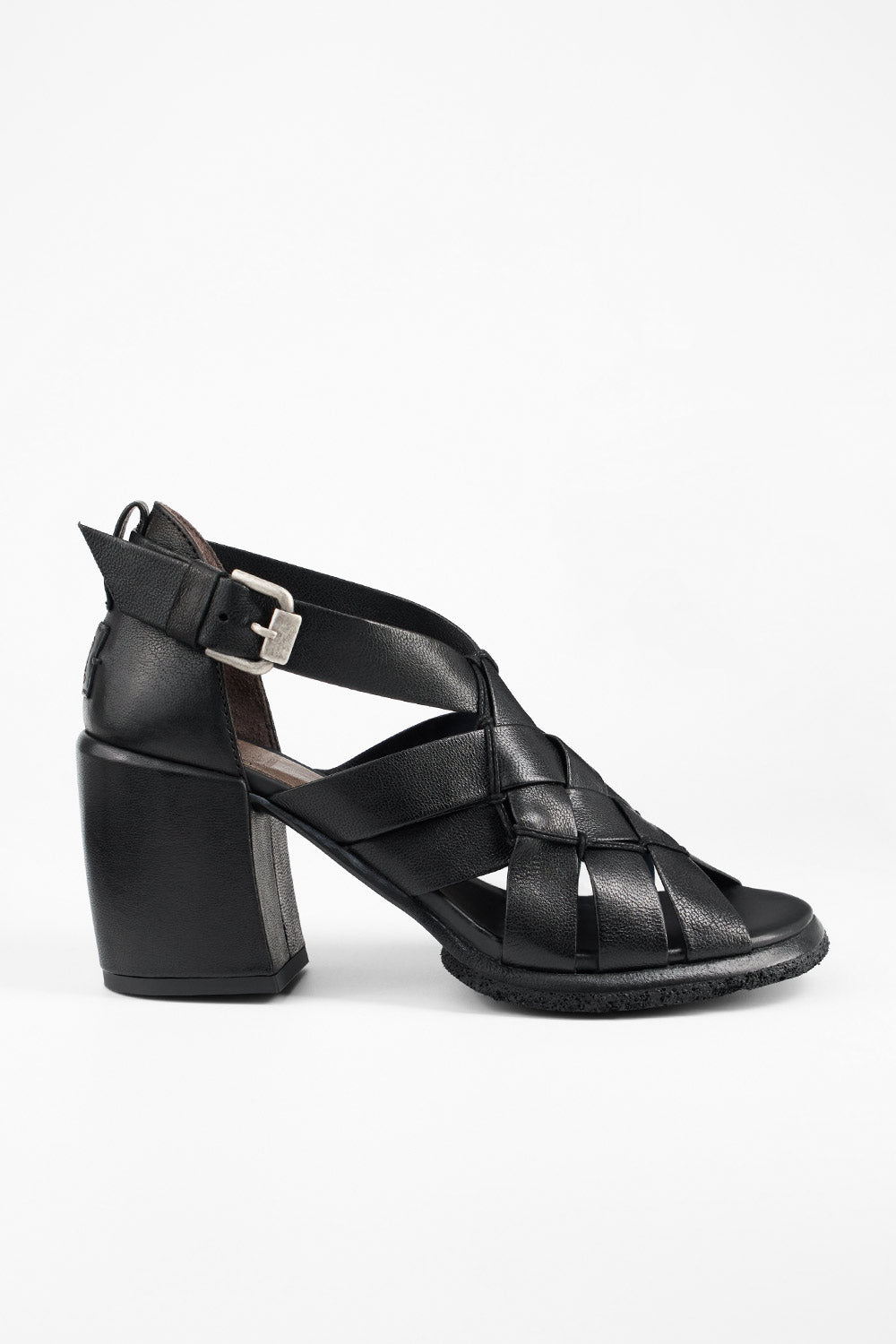SHELLEY jet-black woven mid heel sandals.