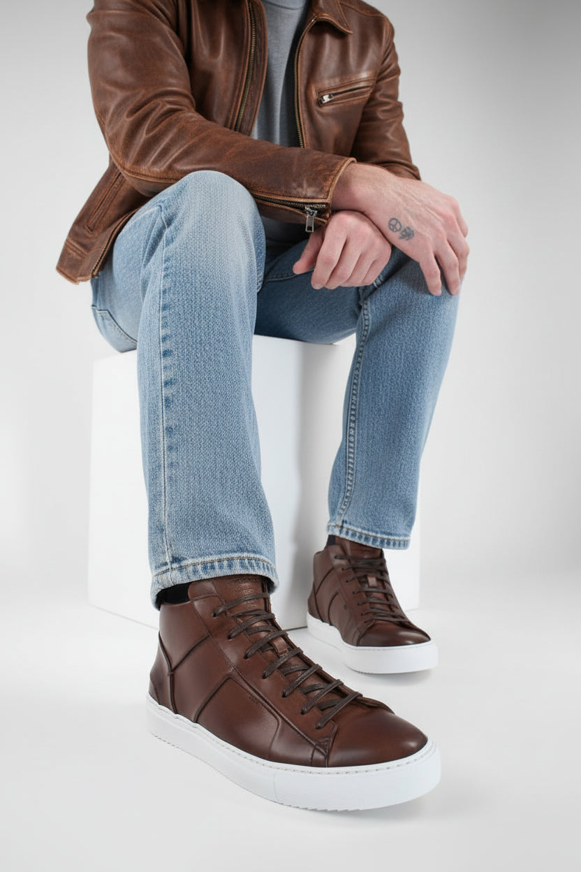 SKYE noble-brown folded mid patina sneakers.