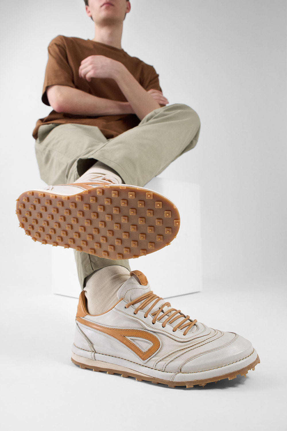 WYRE off-white & cognac nappa sneakers.