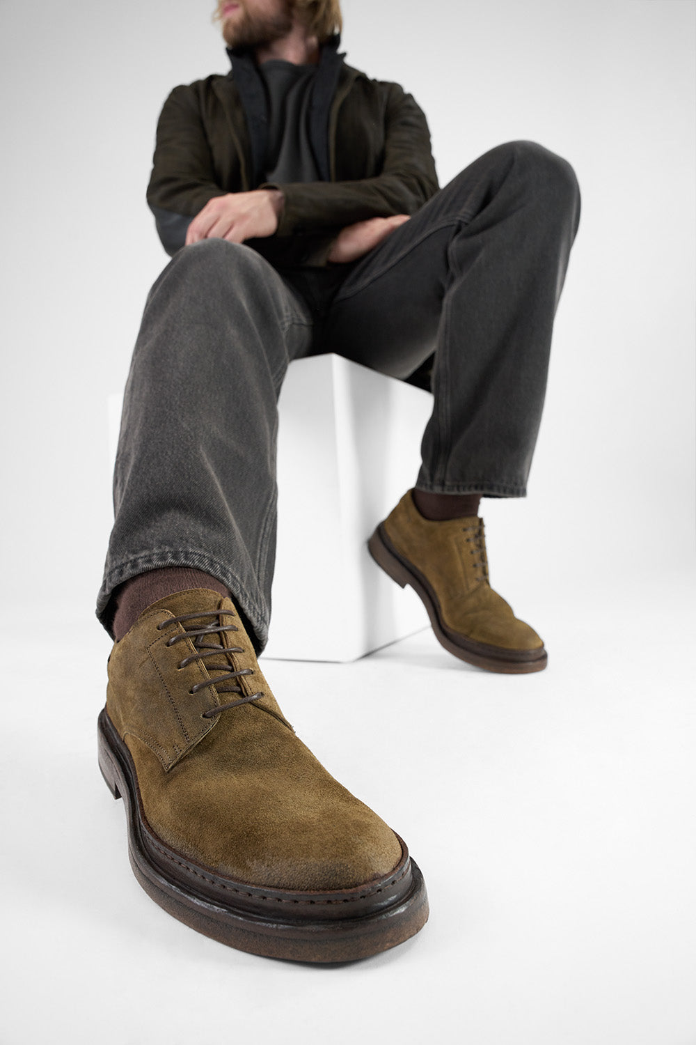 YORK tundra-brown suede welted derby shoes.