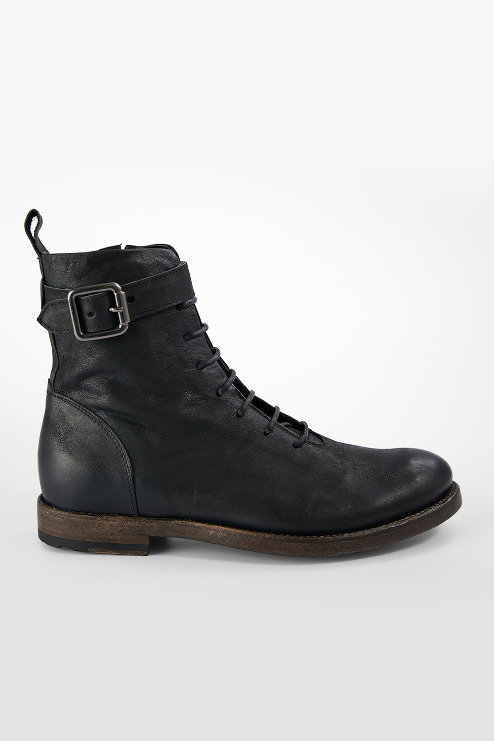 SLOANE matte-black lace up buckle boots.